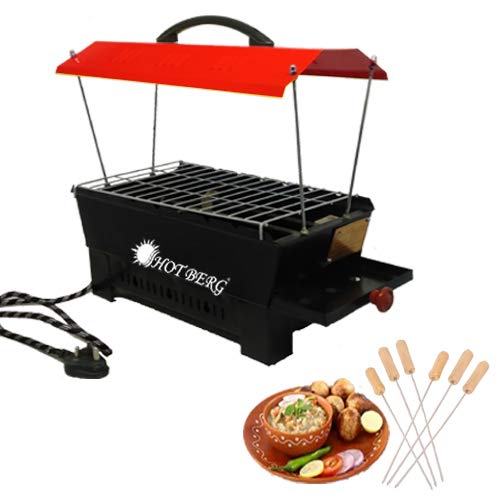 HOTBERG Hot Berg 14 Inches Electric Charcoal Barbeque Grill with 6 skewersRed hut ShapeGrill Stand JaliHand Gloves Tong - Image 2