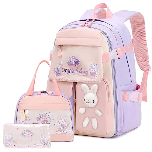 FIXITOK Girls Backpack Set, 3PCS Kids Backpack for Girls, Kawaii Bunny School Backpacks for Girl Kindergarten Elementary Preschool Middle School Bags with Lunch Box Pencil Case Purple - Image 1