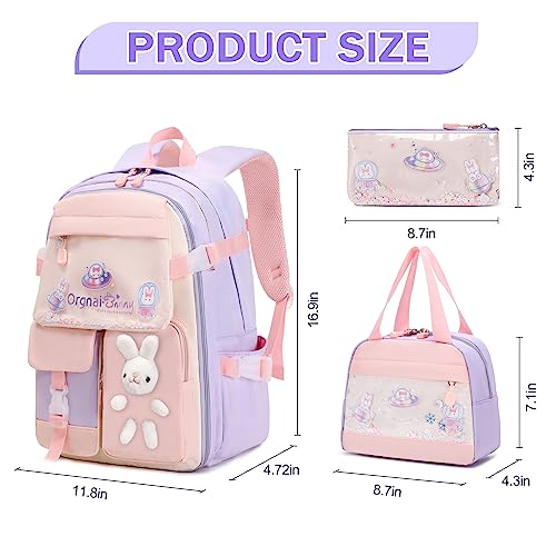 FIXITOK Girls Backpack Set, 3PCS Kids Backpack for Girls, Kawaii Bunny School Backpacks for Girl Kindergarten Elementary Preschool Middle School Bags with Lunch Box Pencil Case Purple - Image 2