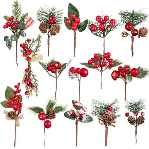 Crafare 15 Pack Small Artificial Christmas Picks 510 Assorted Red Berry Picks Stems Faux Pine Picks Spray with Pinecones for Christmas Floral Arrangement Winter Holiday Season Decoration