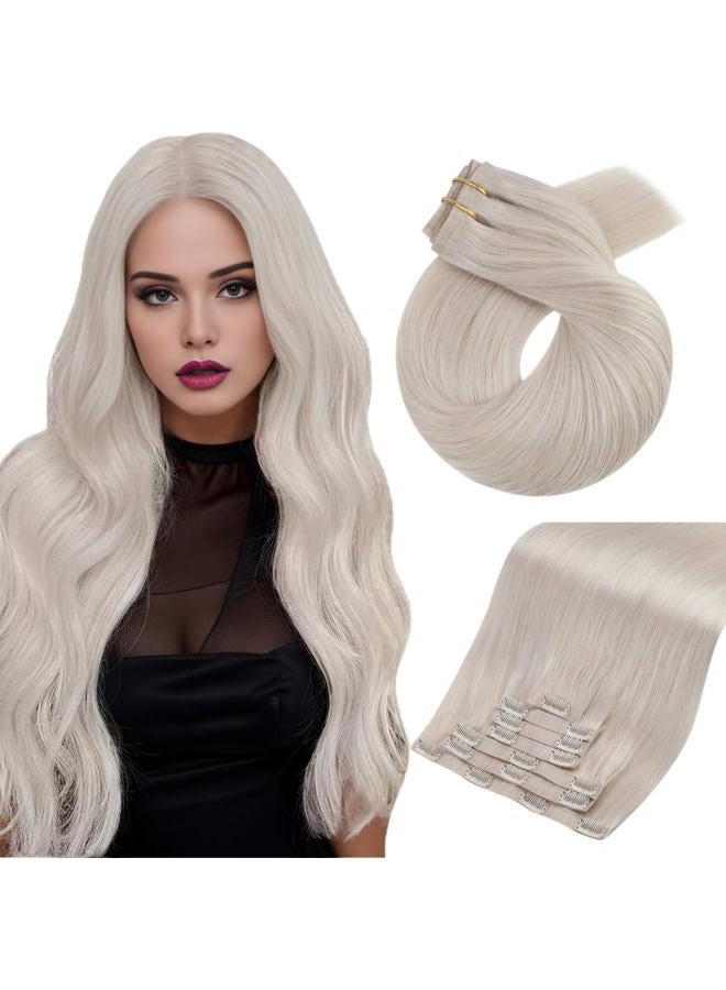 Moresoo Seamless Clip in Hair Extensions Human Hair Remy Straight PU Weft Human Hair Clip in Extensions Full Head White Blonde #60 7pcs/120g 20inch - Image 1