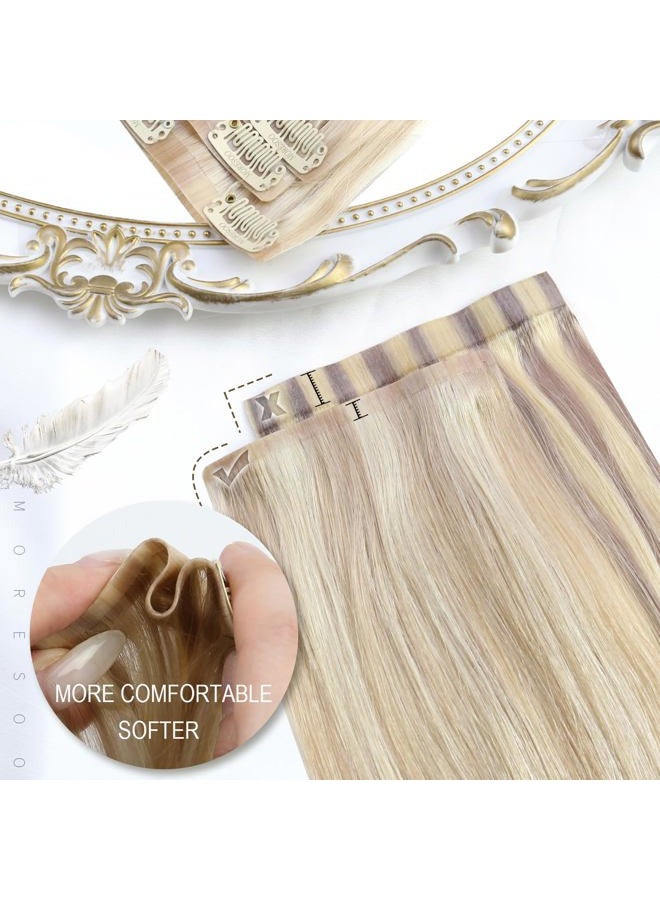 Moresoo Seamless Clip in Hair Extensions Human Hair Remy Straight PU Weft Human Hair Clip in Extensions Full Head White Blonde #60 7pcs/120g 20inch - Image 4