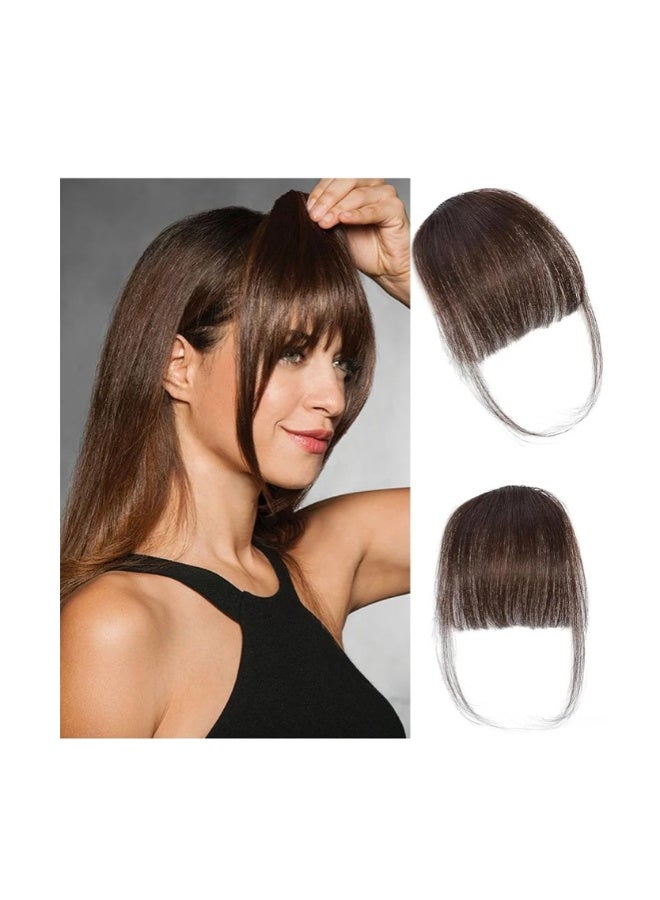 Clip in Bangs 100٪ ملحقات الشعر البشري الحقيقية Clip on Wispy Bangs للنساء هامش مع معابد قطع الشعر لون بني داكن - Image 1