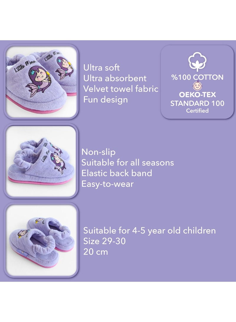 Milk&Moo Milk&Moo Little Mermaid Kids House Slippers, %100 Cotton Bath and House Slippers, Washable, Soft and Absorbent Towel Fabric, Non-Slip Sole, Elastic Band, 4-5 Years Old, Purple  - Image 4