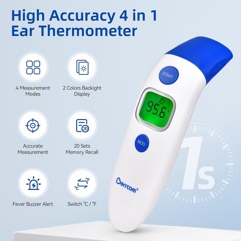 Berrcom 3 in 1 Forehead and Ear Thermometer Indoors Non-Contact Backlight Body Object Temperature Checking Sensor Touchless Digital Thermometer with Fever Alert - Image 2