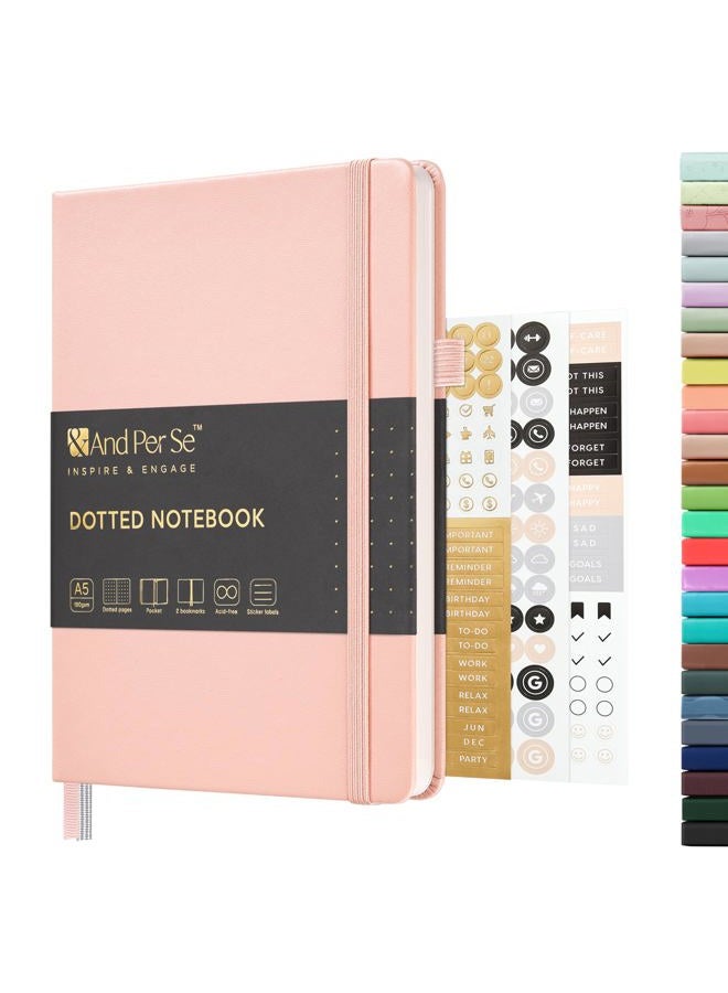 &And Per Se Dotted Journal Notebook, A5 Hardcover Leather Dotted Journal, 160 Pages 100gsm Thick Dot Grid Paper, 3 Sheets of Stickers Included - 5.7'' x 8'' (Pink) - Image 1