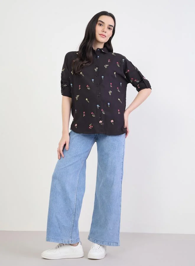 Styli Women Black Embroidered Long Sleeve Shirt