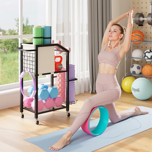 HOOBRO Dumbbell Rack, Weight Rack for Dumbbells, Yoga Mat Storage Rack, Home Gym Storage Rack for Dumbbells Kettlebells Foam Roller, Workout Storage Organizer with Wheels & Hooks, Black BE85CJ01N1 - Image 2