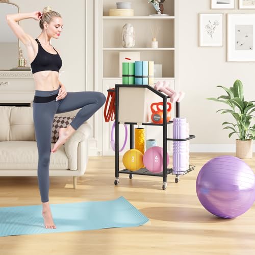HOOBRO Dumbbell Rack, Weight Rack for Dumbbells, Yoga Mat Storage Rack, Home Gym Storage Rack for Dumbbells Kettlebells Foam Roller, Workout Storage Organizer with Wheels & Hooks, Black BE85CJ01N1 - Image 3