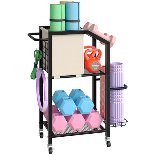 HOOBRO Dumbbell Rack, Weight Rack for Dumbbells, Yoga Mat Storage Rack, Home Gym Storage Rack for Dumbbells Kettlebells Foam Roller, Workout Storage Organizer with Wheels & Hooks, Black BE85CJ01N1 - Image 1