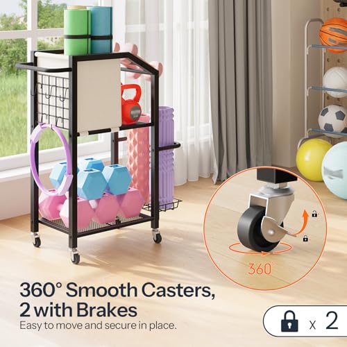 HOOBRO Dumbbell Rack, Weight Rack for Dumbbells, Yoga Mat Storage Rack, Home Gym Storage Rack for Dumbbells Kettlebells Foam Roller, Workout Storage Organizer with Wheels & Hooks, Black BE85CJ01N1 - Image 4