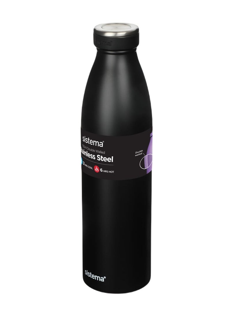 Sistema 750ML Double-Walled Stainless Steel Vacuum Insulated Water Bottle, BPA Free Reusable Leak-Proof Flask, Keeps Drinks Cold 12 Hours & Hot 6 Hours, Bottle for School, Kids, Adults, Office, Gym, Travel & Everyday Hydration - Black - Image 1