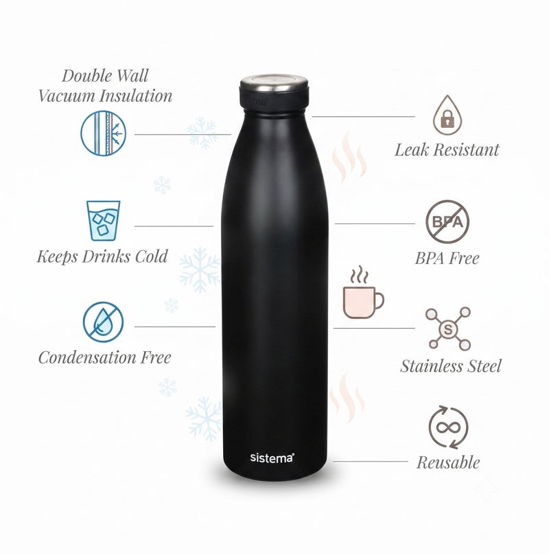 Sistema 750ML Double-Walled Stainless Steel Vacuum Insulated Water Bottle, BPA Free Reusable Leak-Proof Flask, Keeps Drinks Cold 12 Hours & Hot 6 Hours, Bottle for School, Kids, Adults, Office, Gym, Travel & Everyday Hydration - Black - Image 2