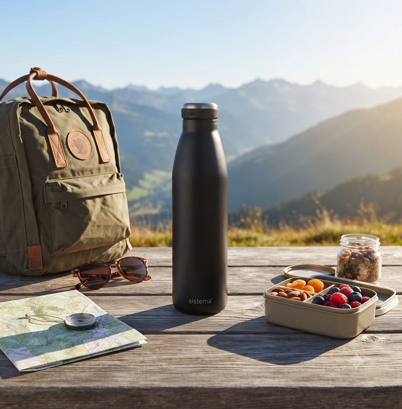 Sistema 750ML Double-Walled Stainless Steel Vacuum Insulated Water Bottle, BPA Free Reusable Leak-Proof Flask, Keeps Drinks Cold 12 Hours & Hot 6 Hours, Bottle for School, Kids, Adults, Office, Gym, Travel & Everyday Hydration - Black - Image 5