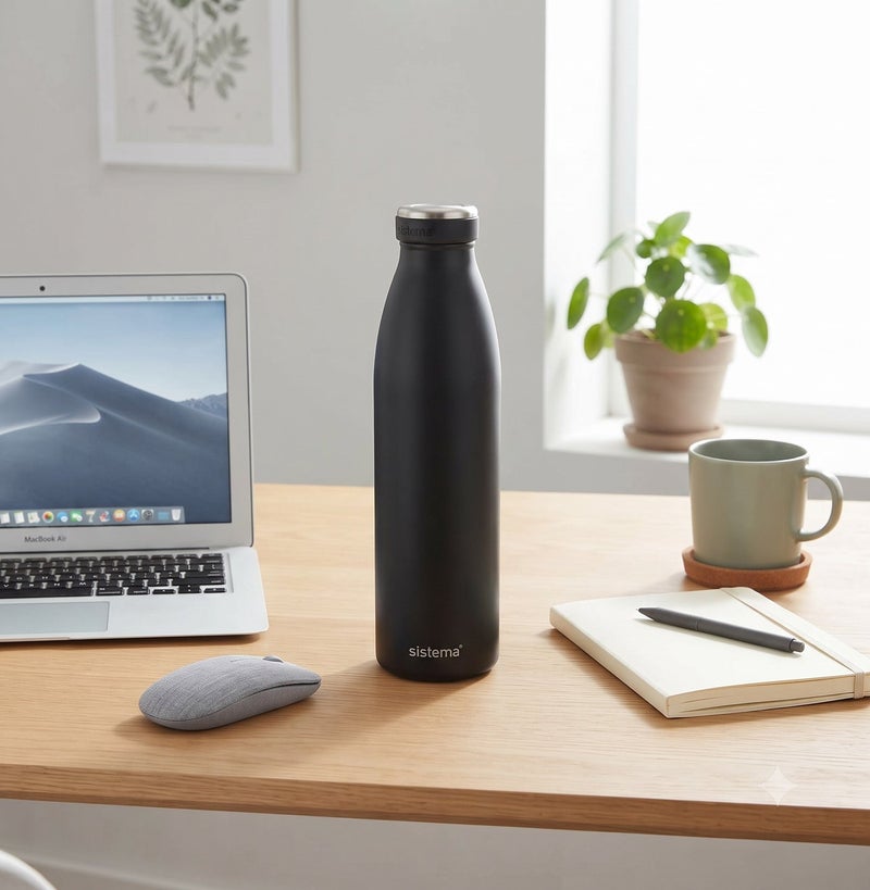 Sistema 750ML Double-Walled Stainless Steel Vacuum Insulated Water Bottle, BPA Free Reusable Leak-Proof Flask, Keeps Drinks Cold 12 Hours & Hot 6 Hours, Bottle for School, Kids, Adults, Office, Gym, Travel & Everyday Hydration - Black - Image 3