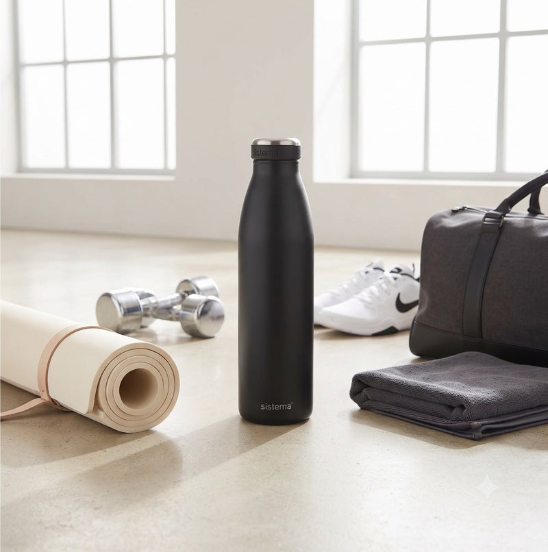 Sistema 750ML Double-Walled Stainless Steel Vacuum Insulated Water Bottle, BPA Free Reusable Leak-Proof Flask, Keeps Drinks Cold 12 Hours & Hot 6 Hours, Bottle for School, Kids, Adults, Office, Gym, Travel & Everyday Hydration - Black - Image 4