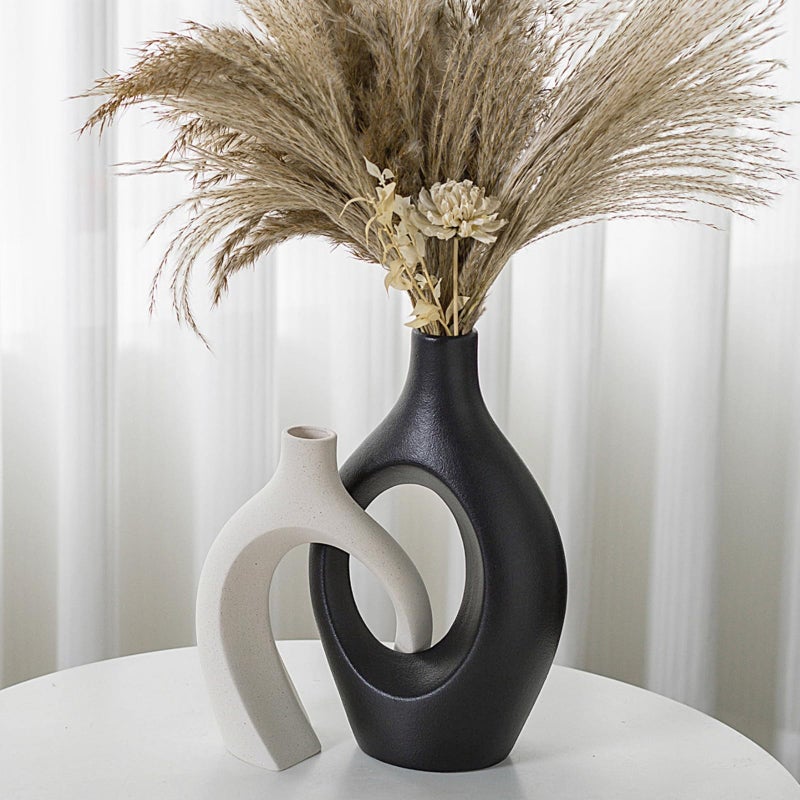 Liotww Black and Beige Snuggle Hollow Ceramic Vase of 2 for Coffee Table Decor, Modern Minimalist Aesthetic Donut Floral Vases, for Home Living Room Entryway Table Shelves Decorative (W 6.8" X H 11") - Image 1