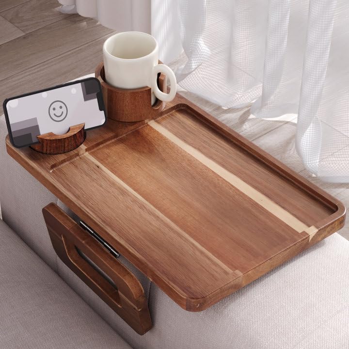 Danfoxer 3 in 1 Acacia Wood Couch Arm Tray,Couch Tray with Cup Holder and Phone Holder,Folding Sofa Armrest Trays Clip-On Sofas Desk for Drinks,Snacks,Phone,Remote Control - Image 1