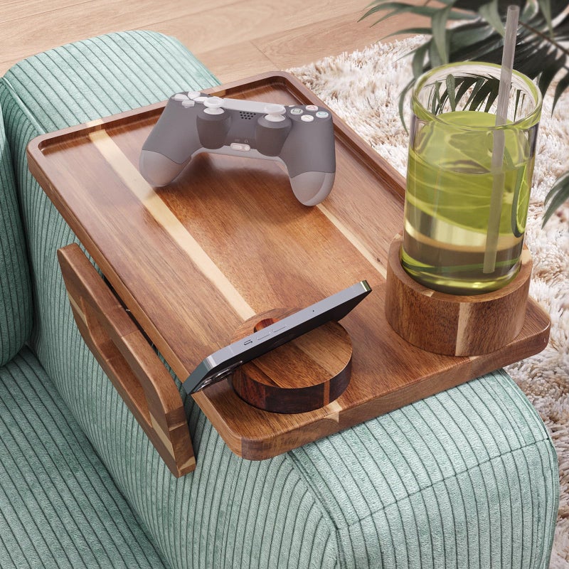 Danfoxer 3 in 1 Acacia Wood Couch Arm Tray,Couch Tray with Cup Holder and Phone Holder,Folding Sofa Armrest Trays Clip-On Sofas Desk for Drinks,Snacks,Phone,Remote Control - Image 2