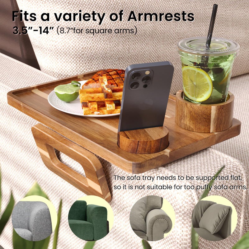 Danfoxer 3 in 1 Acacia Wood Couch Arm Tray,Couch Tray with Cup Holder and Phone Holder,Folding Sofa Armrest Trays Clip-On Sofas Desk for Drinks,Snacks,Phone,Remote Control - Image 3