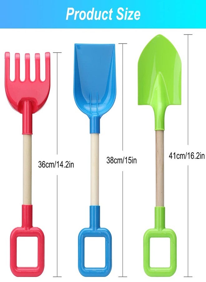 Dilabnba 16'' Kids Beach Shovels Sand Spades Toys Garden Tools, Wood Handle ABS Plastic Spade Rake Scoop for Digging Sandbox Gardening Snow Backyard Summer Outdoor Toy 3-Pack, Blue/Green/Red - Image 2
