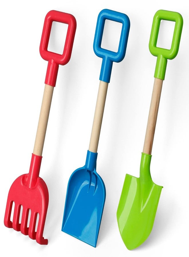 Dilabnba 16'' Kids Beach Shovels Sand Spades Toys Garden Tools, Wood Handle ABS Plastic Spade Rake Scoop for Digging Sandbox Gardening Snow Backyard Summer Outdoor Toy 3-Pack, Blue/Green/Red - Image 1