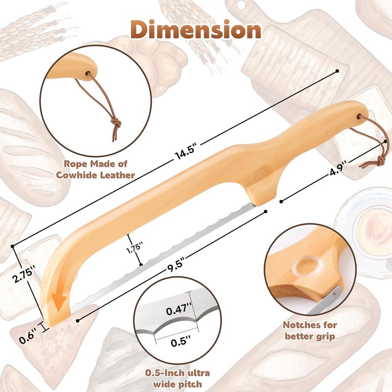 ISAIDNO Bread Knife for Homemade Bread, 14.5" Wooden Sourdough Bread Knife, Sourdough Bread Slicer, Bow Design, Easy to Cut Into Uniform Thin Slices, Bread Saw for Cutting Sourdough Bread, Bagel, Baguette Etc - Image 5