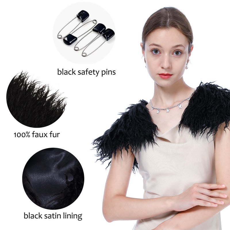 LA CARRIE Viking Queen Faux Fur Collar Shawl Shoulder Wrap Medieval Warm Cape for Women LARP Halloween Costume Accessory(Black) - Image 3