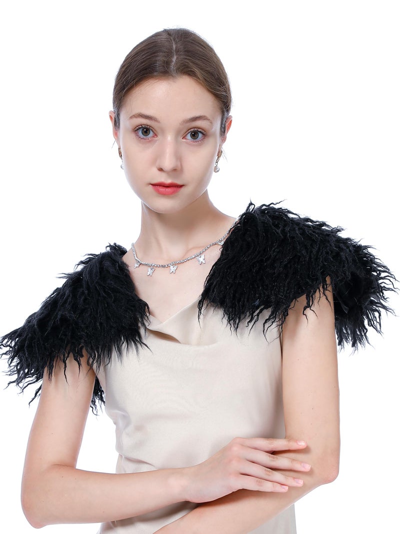 LA CARRIE Viking Queen Faux Fur Collar Shawl Shoulder Wrap Medieval Warm Cape for Women LARP Halloween Costume Accessory(Black) - Image 1