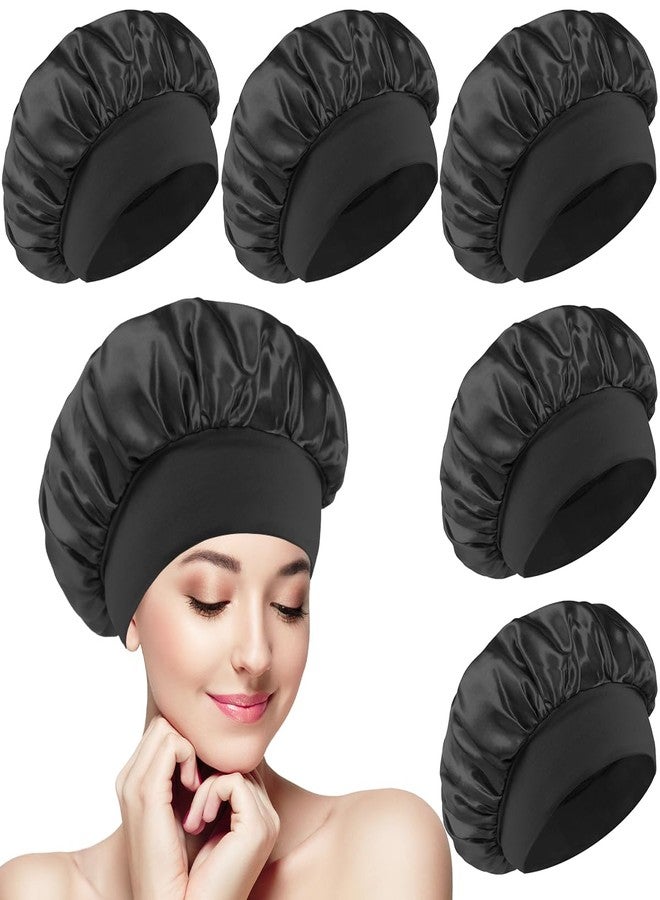 Merdia 5 PCS Satin Hair Bonnet for Women | Elastic and Reusable Shower Hair Caps | Satin Bonnet for Sleeping Women, Shower Caps | Double Layers Hair Cap | Environmental Protection | 11.8 Inches, Black - Image 1