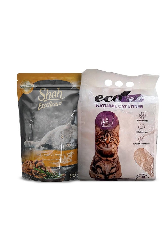 شاه طعام القطط شاه بالدجاج والديك الرومي في صوص 85 جم + رمل القطط إيكو ساند برائحة اللافندر 5 لتر – باقة مميزة
