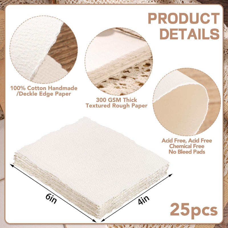 Prudiut 25 Sheets Cotton Watercolor Paper, 300 GSM, 4 x 6 inch, White, Textured, Deckled Edge, Ideal for Watercolors, Wedding Invitations, Cards, Crafts - Image 2