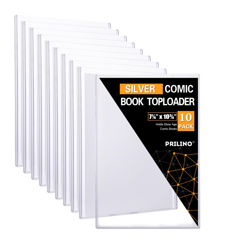 Prilino 10ct Silver-Age Comic Book Toploaders - Crystal Clear Comic Book Top loaders, Premium PVC Comic Book Topload, Hard Plastic Comic Book Holders, Protection for Display, Storage, Collection - Image 1