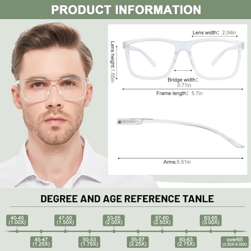 AEZUNI Large Reading Glasses Men Oversized Retro Square Readers 1.00 1.25 1.50 1.75 2.00 2.25 2.50 2.75 3.00 3.50 4.00 5.00 6.00 (Clear,1.0) - Image 5