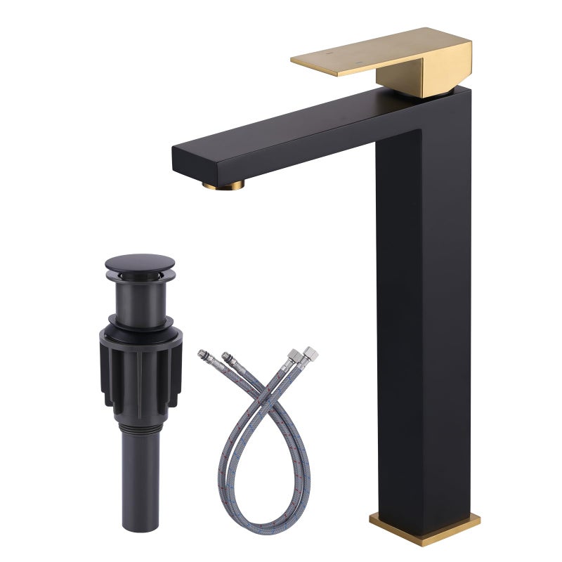 ARCORA Vessel Sink Faucet Black and Gold, Single Handle Tall Bathroom Faucet, Single Hole Lavatory Vanity Mixer Tap with Pop Up Drain and Faucet Supply Lines - Image 1