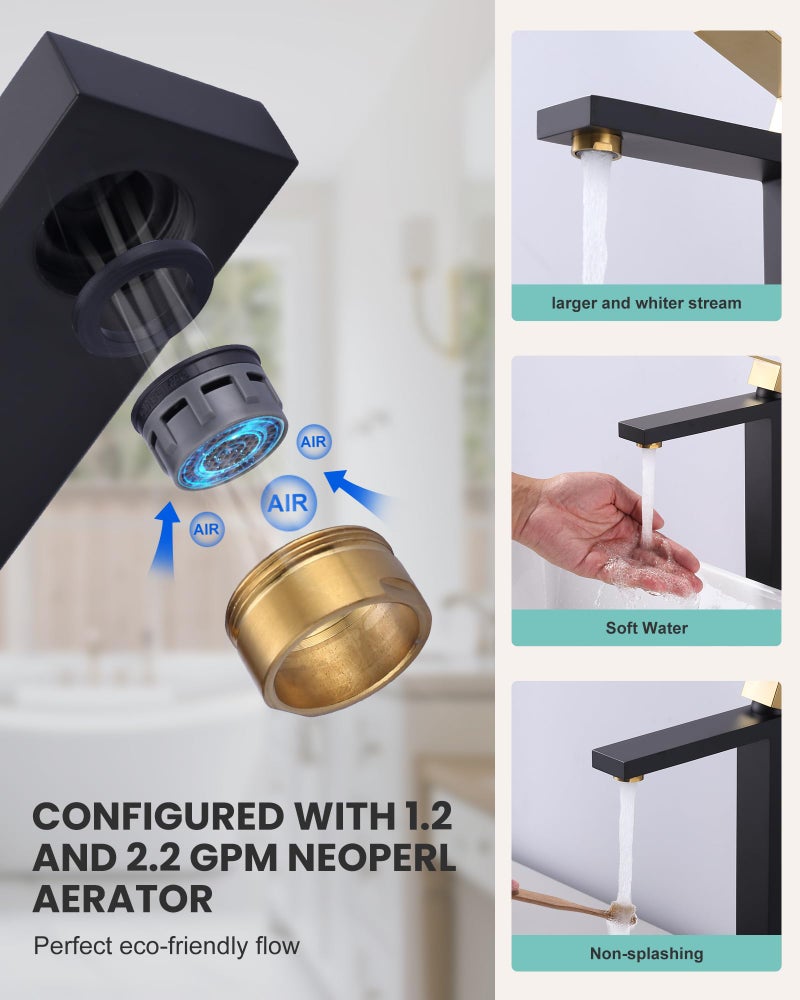 ARCORA Vessel Sink Faucet Black and Gold, Single Handle Tall Bathroom Faucet, Single Hole Lavatory Vanity Mixer Tap with Pop Up Drain and Faucet Supply Lines - Image 4