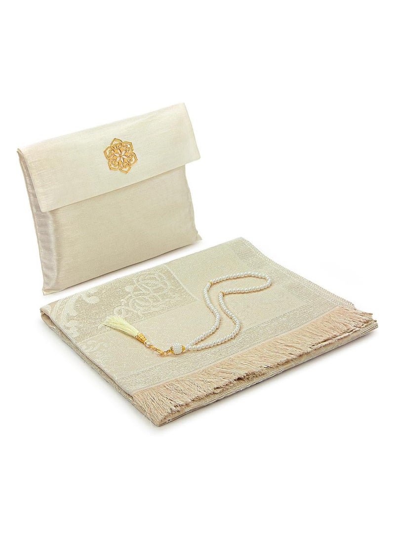 Muslim Prayer Rug and Beads with Elegant Slub Fabric Bag | Janamaz | Sajadah | Soft Islamic Prayer Rug | Islamic Gifts | Prayer Carpet Mat, Taffeta Fabric, Ecru