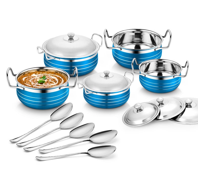 Classic Essentials Stainless Steel Handi Set with Lid | Cooking and Serving Handi Set of 5 Pieces | Biryani Handi Set | Handi Set for Kitchen | Blue - Image 1