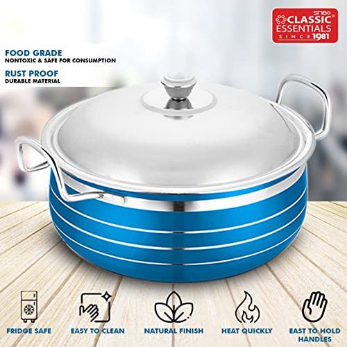 Classic Essentials Stainless Steel Handi Set with Lid | Cooking and Serving Handi Set of 5 Pieces | Biryani Handi Set | Handi Set for Kitchen | Blue - Image 4