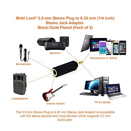 Mobi Lock 2pcs 3.5mm Plug to 6.35mm Socket - 1/8 to 1/4 in Stereo Audio Jack Adapter - Connects Devices with 3.5mm Port to Amplifiers, Guitar, Piano, Speakers & Mic that use 6.35mm Port - Image 4