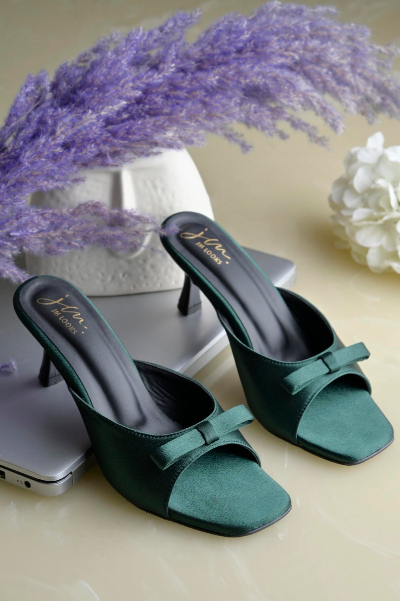 JM LOOKS Women's Elegant Satin Slip-On Kitten Heels with Bow Detail Cushioned Footbed for Casual Office & Party - Green - Image 3