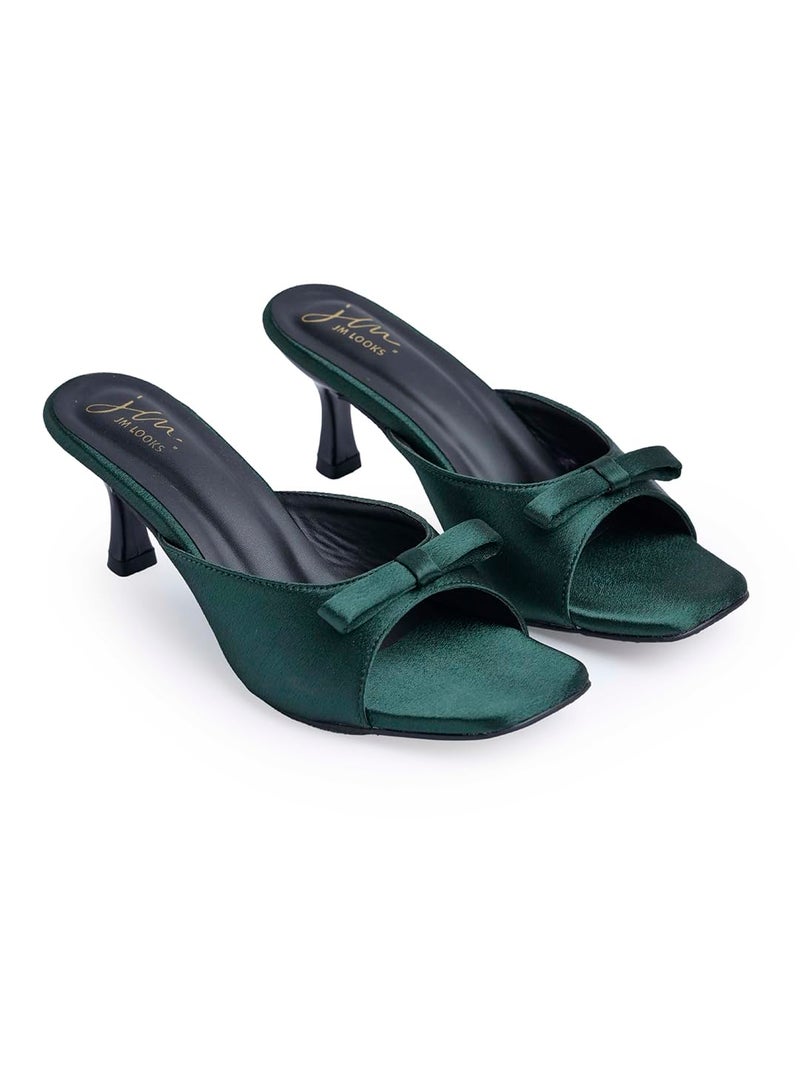 JM LOOKS Women's Elegant Satin Slip-On Kitten Heels with Bow Detail Cushioned Footbed for Casual Office & Party - Green - Image 1