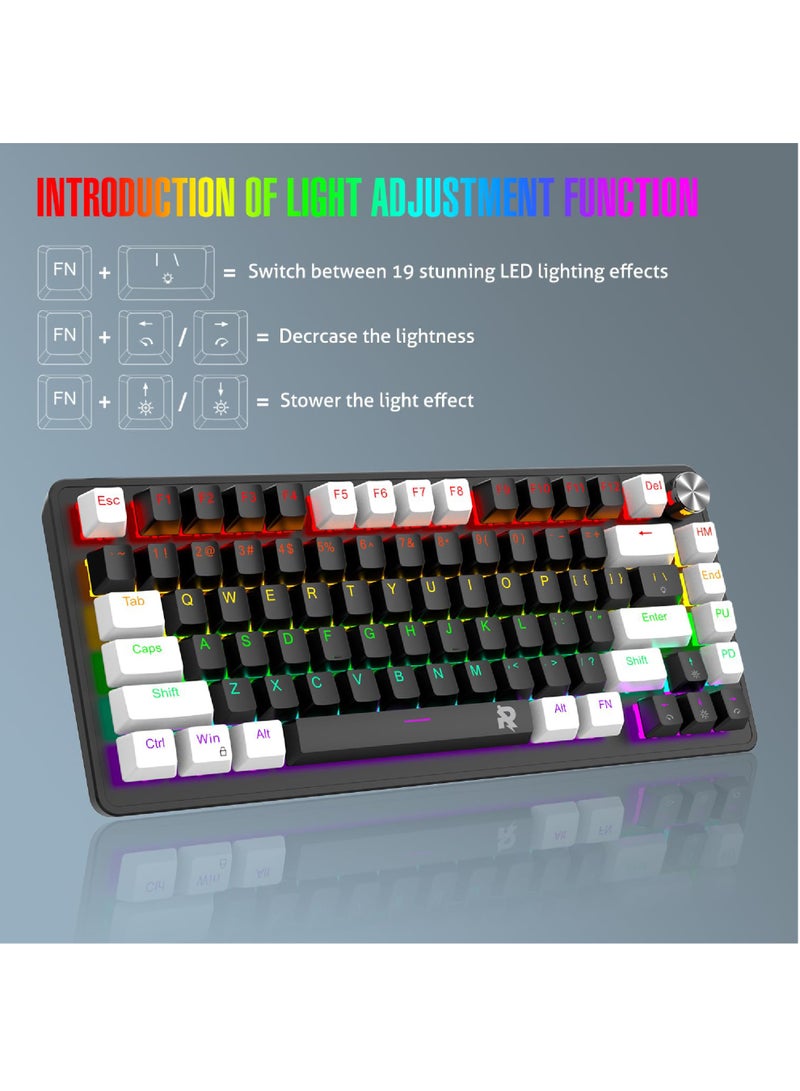 روك بو لوحة مفاتيح الألعاب 70٪ ROCK POW ، لوحة مفاتيح ميكانيكية 82 مفاتيح مع RGB الخلفي الإضاءة 19 أوضاع ، مقبض إضاءة حجم سلكي ميني PBT Keycaps لألعاب الكمبيوتر الشخصي والعمل (المفتاح الأحمر) أسود أبيض - Image 4