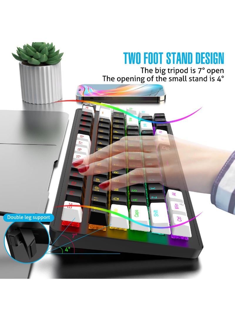 روك بو لوحة مفاتيح الألعاب 70٪ ROCK POW ، لوحة مفاتيح ميكانيكية 82 مفاتيح مع RGB الخلفي الإضاءة 19 أوضاع ، مقبض إضاءة حجم سلكي ميني PBT Keycaps لألعاب الكمبيوتر الشخصي والعمل (المفتاح الأحمر) أسود أبيض - Image 5