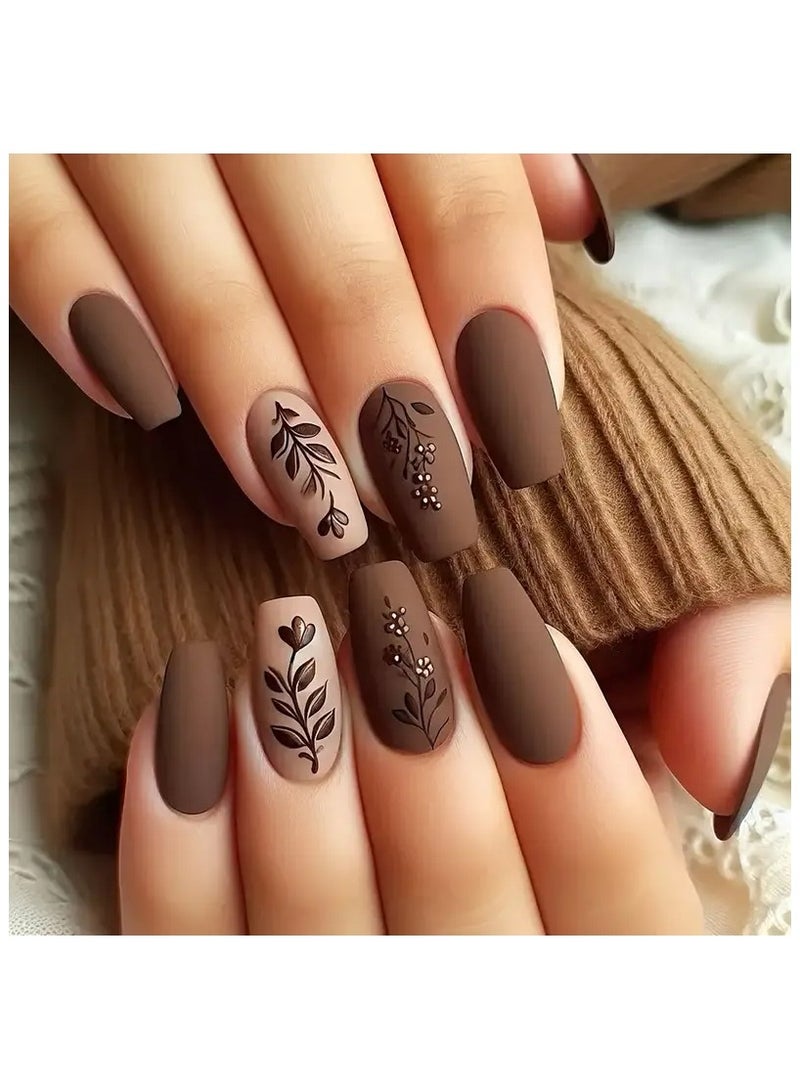 مجموعة من 24 قطعة من أطراف أظافر باليه جافة لفصل الخريف والشتاء مع غراء هلامي وشريط احتكاك، فن أظافر يومي للنساء، ألوان مختلطة، طول قصير، لمسة نهائية غير لامعة، نمط زهور - Image 1