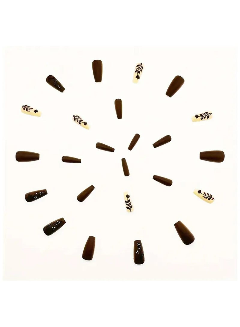 مجموعة من 24 قطعة من أطراف أظافر باليه جافة لفصل الخريف والشتاء مع غراء هلامي وشريط احتكاك، فن أظافر يومي للنساء، ألوان مختلطة، طول قصير، لمسة نهائية غير لامعة، نمط زهور - Image 2