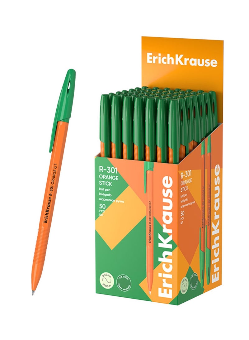 ErichKrause 50-Piece R-301 Orange Stick Ballpoint Pens 0.7mm Tip Green Ink - Image 1