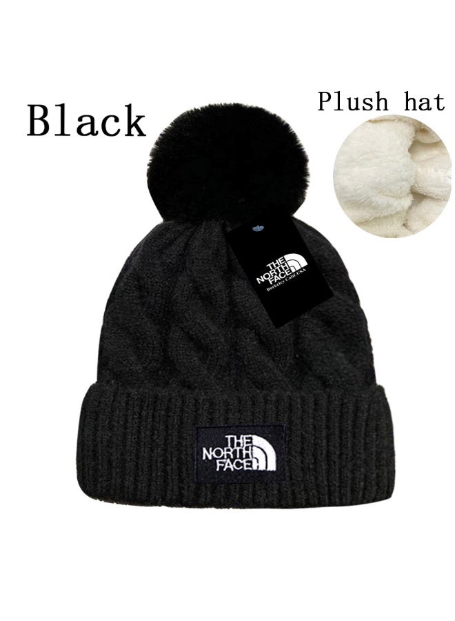The North Face Black Plush Lined Cable-Knit Beanie with Fur Pom-Pom – Stylish Warm Winter Cap 596Size