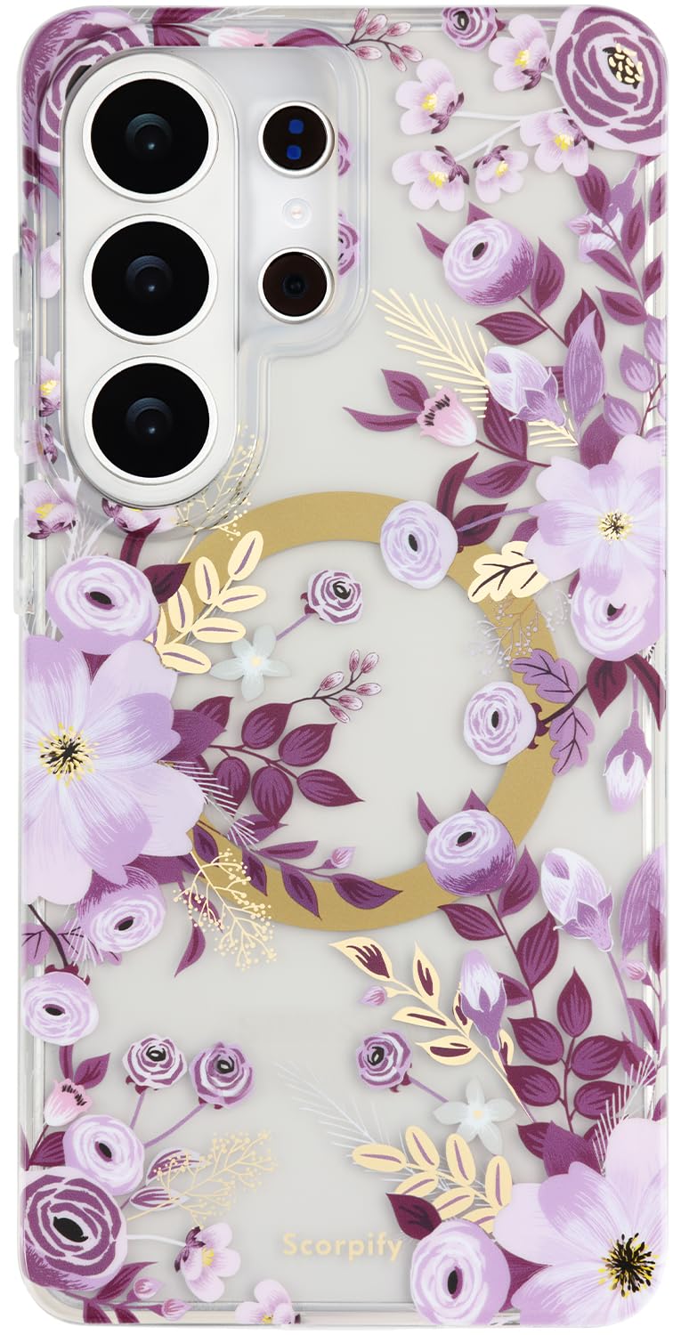 SCORPIFY Compatible with Samsung Galaxy S26 Ultra Case [Compatible with MagSafe] for Purple Nemophila Floral Design,Cute Magnetic Clear Flower Phone Cover for Women Girls,Slim Bumper with Gold Accents - Image 1