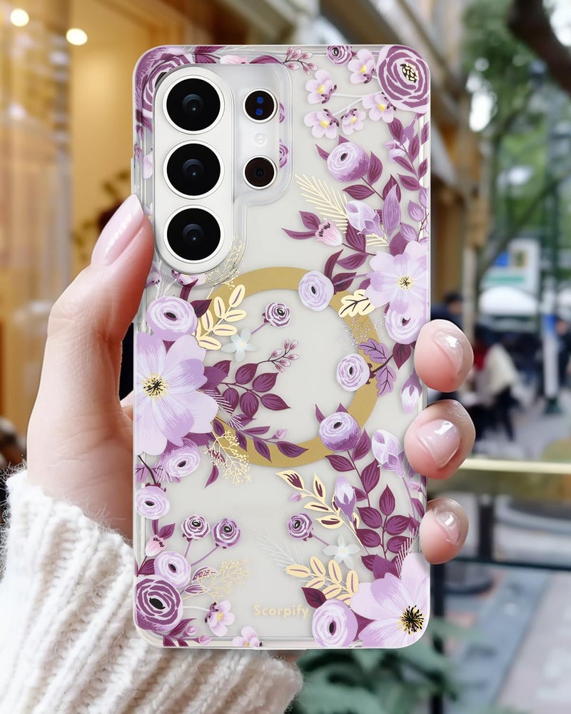 SCORPIFY Compatible with Samsung Galaxy S26 Ultra Case [Compatible with MagSafe] for Purple Nemophila Floral Design,Cute Magnetic Clear Flower Phone Cover for Women Girls,Slim Bumper with Gold Accents - Image 3